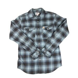 Carhartt Mens Relaxed Fit Plaid Flannel Pearl Snap Shirt Blue Grey Small